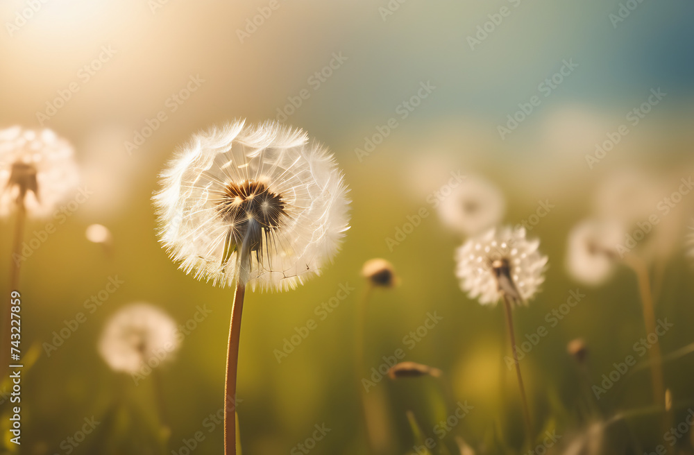 Dandelion fluff background for aesthetic minimalism style background. Neutral and pastel color wallpaper with elegant and light flying fluffs. Fragile, lightweight and beautiful nature backdrop