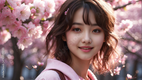 close up Cherry blossom trees and beautiful japanese girl 
