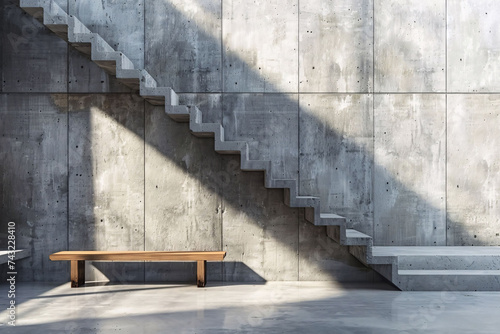 Concrete Staircase with Bench in Sunlight: A Study in Urban Minimalism