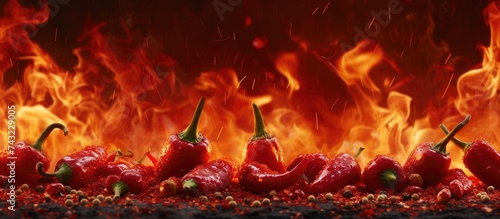A collection of fiery red chili peppers engulfed in flames, creating a sizzling spectacle of heat and intensity. The background showcases a backdrop of flames further enhancing the intense heat of the