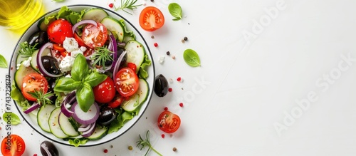 A top view of a bowl of Greek salad filled with ripe tomatoes, crisp cucumbers, sliced onions, and savory olives. The salad is drizzled with oil, making it a perfect healthy meal option.