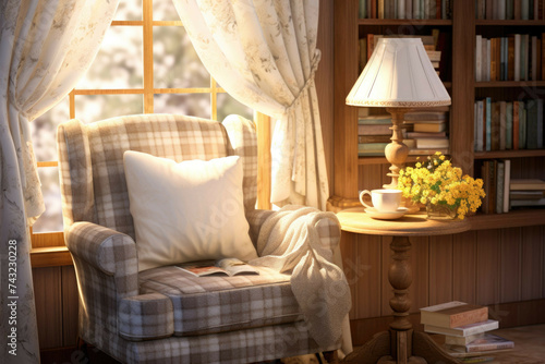 Peaceful cottage reading nook with lace curtains and vintage lamp