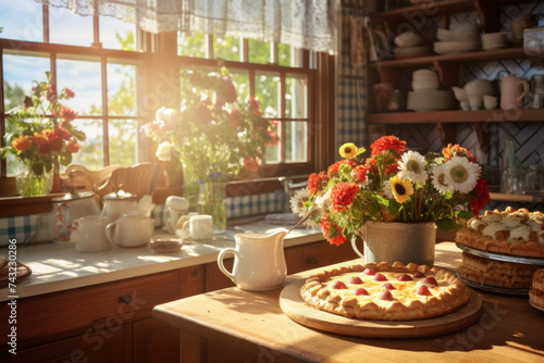 Cozy cottage kitchen with freshly baked pies and vintage sink