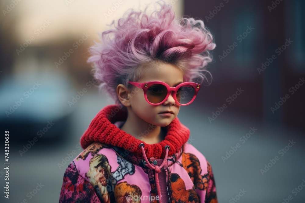 Fashionable little girl with pink hair and red sunglasses on the street Fashionable little girl with pink hair and red sunglasses on the street
