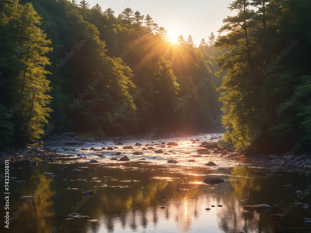 Fototapeta premium Nature's masterpiece: the majestic river flowing through the lush green forest, capturing the serenity of the sunset and the timeless beauty of the outdoors