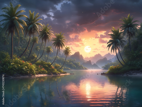 Tropical paradise: a stunning landscape with palm trees, a calm lake, and a colorful sunset, offering a peaceful retreat in the heart of nature's tranquility and serenity