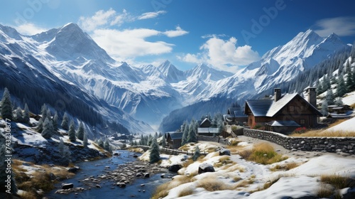 A snowy mountain village in winter