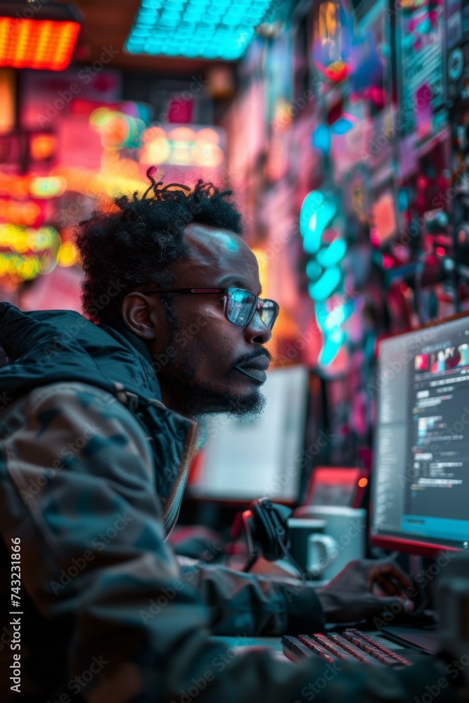 A man in a dark room with a computer screen. Generative AI.