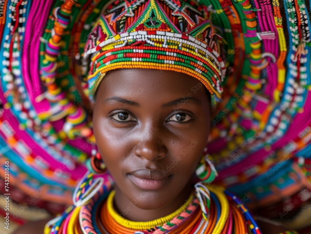 A beautiful young woman wearing a colorful headdress. Generative AI.