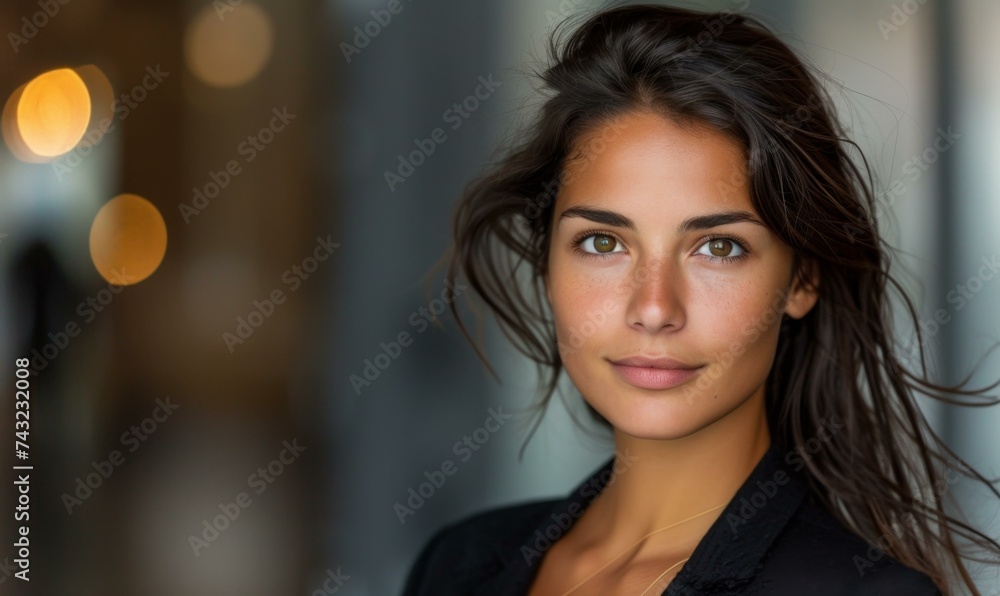 A beautiful woman with long hair and a black blazer. Generative AI. A beautiful woman with long hair and a black blazer. Generative AI.