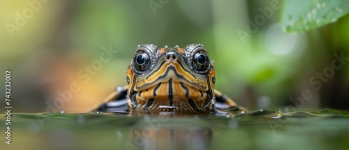 A turtle is looking at the camera in the water. Generative AI. photo