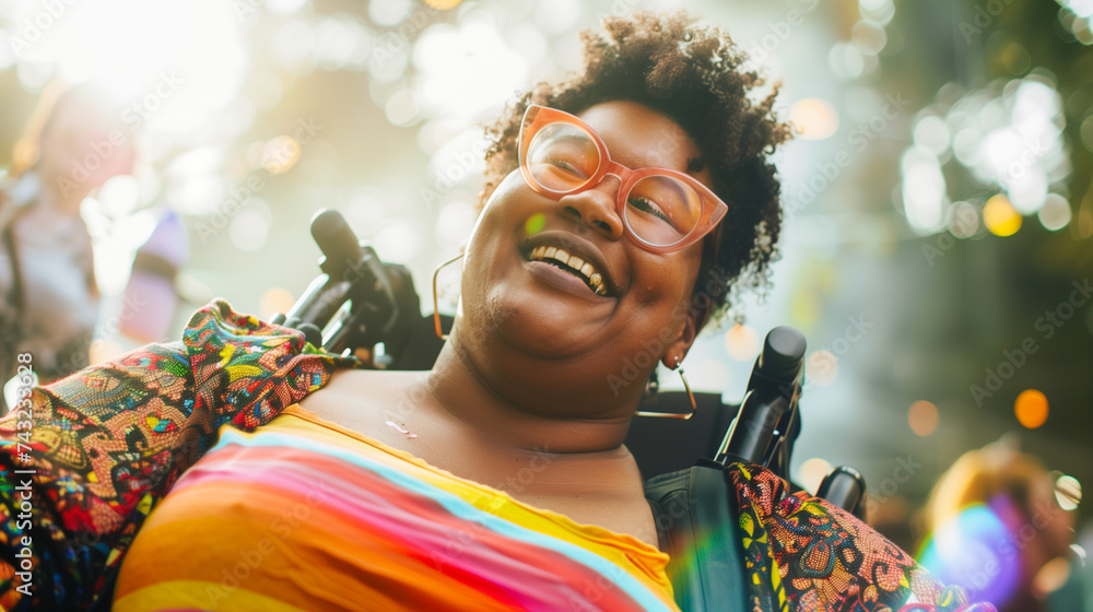 Happy candid plus size black disabled woman in a wheelchair at a summer music festival. Lesbian female with disability at pride celebration. Outdoor party with smoke. AI generated