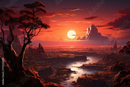 An expansive savanna with a stunning sunset