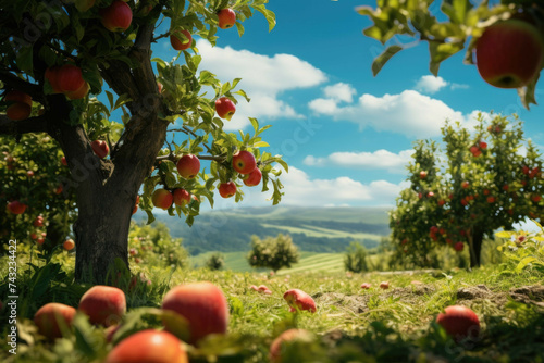 An apple orchard with ripe, red apples