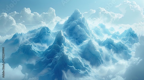 3D image, mountain surrounded by clouds, rendered in a physically rendered style, translucent material, flowing lines, abstract and conceptual sketch showing the style of mountains and clouds, immersi photo
