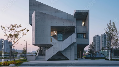 A concrete small building with a shape repeated three times, in city, in the style of precise nautical detail, dark white and gray, danube school, metallic surfaces, geometric shapes & patterns, desig photo