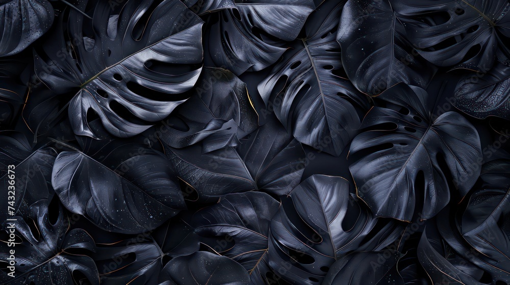 Obraz premium The concept of the leaves of Cannifolium spathiphyllum Dark black surface, abstract, natural background, tropical leaves