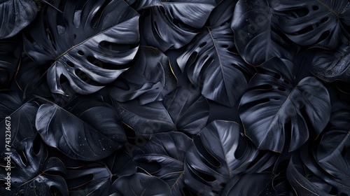 The concept of the leaves of Cannifolium spathiphyllum Dark black surface  abstract  natural background  tropical leaves