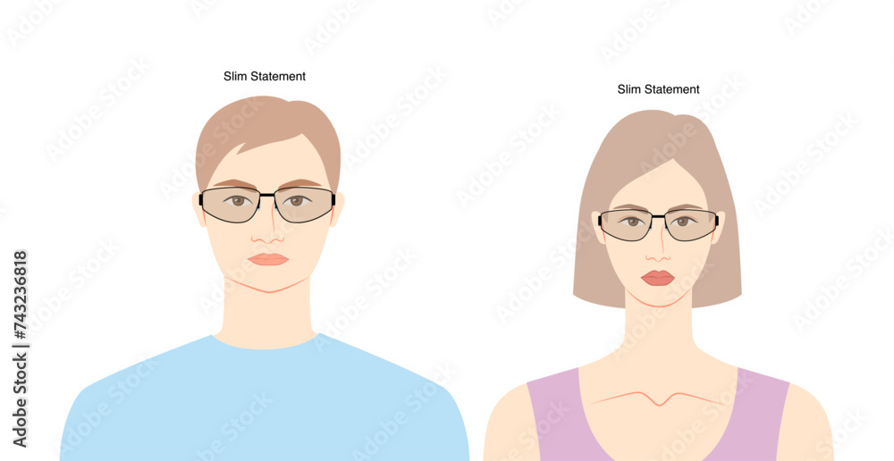 Slim Statement frame glasses on women and men flat character fashion accessory illustration. Sunglass front view unisex style, rim spectacles eyeglasses with lens sketch isolated on white background Slim Statement frame glasses on women and men flat character fashion accessory illustration. Sunglass front view unisex style, rim spectacles eyeglasses with lens sketch isolated on white background