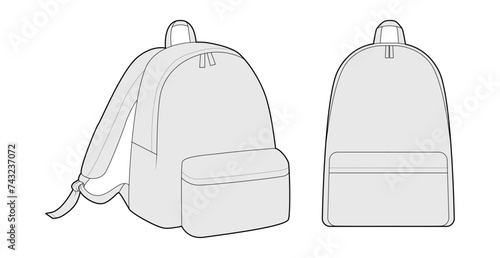 Fashion backpack silhouette bag. Fashion accessory technical illustration. Vector schoolbag front 3-4 view for Men, women, unisex style, flat handbag CAD mockup sketch outline isolated