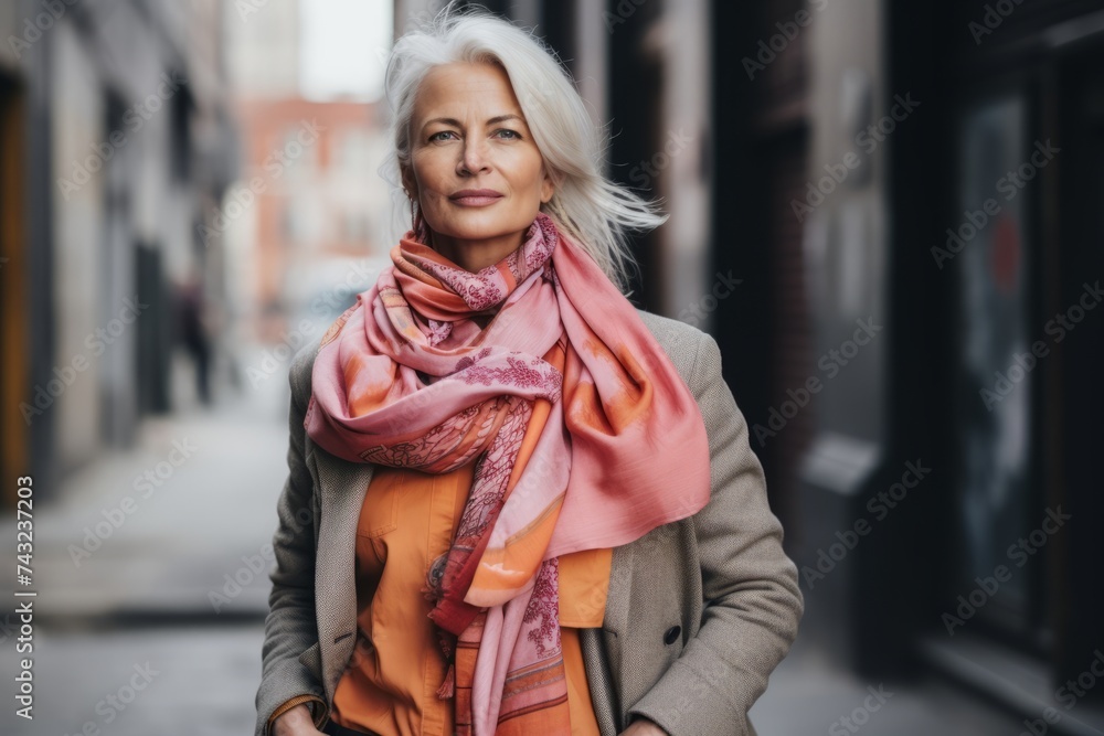 Portrait of a beautiful middle-aged woman in an orange scarf.