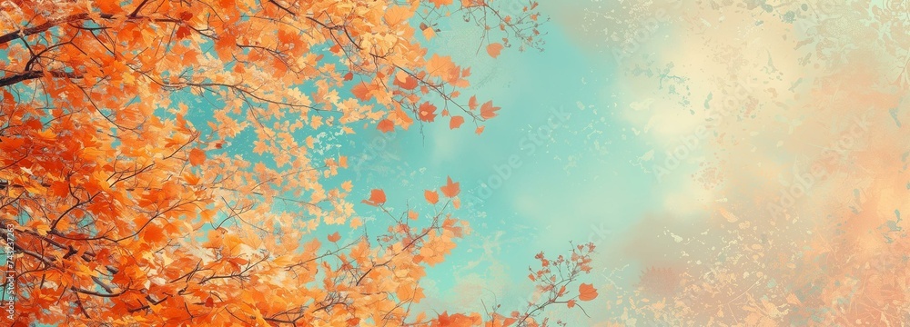 Enchanting Autumn Leaves and Trees Backdrop with Vivid Orange Foliage and Blue Sky - obrazy, fototapety, plakaty 