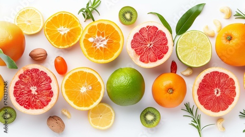 Fresh Citrus Fruit Assortment on White Background, Healthy Eating Concept