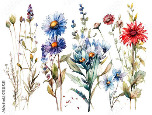 Watercolor wildflowers wallpaper design illustration and isolated white background. Generative ai