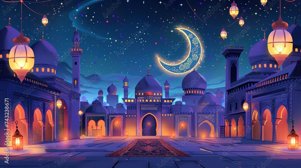 Ramadan Kareem. Eid Mubarak. Vector Muslim Islamic illustration of night city with mosque, crescent and lanterns, traditional carpet pattern, Arabic gate and Muslim for greeting card, poster - obrazy, fototapety, plakaty 