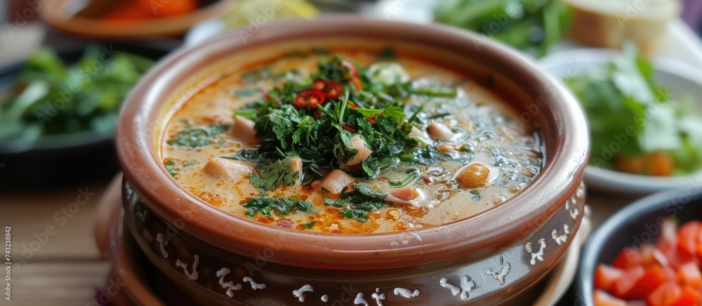A close-up view of a bowl filled with Tarhana or Ezogelin corbasi, a traditional Turkish soup known for its delicious flavor, placed on a table. A close-up view of a bowl filled with Tarhana or Ezogelin corbasi, a traditional Turkish soup known for its delicious flavor, placed on a table.