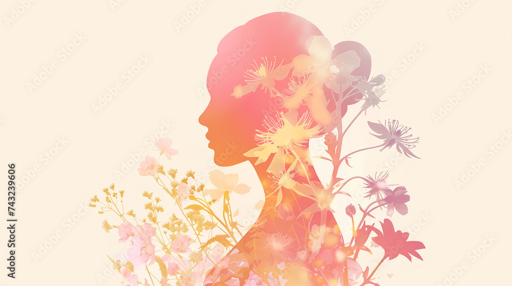 Female Silhouette and Flowers. Illustration for Women's Day, March 8, spring mood. Copy space.