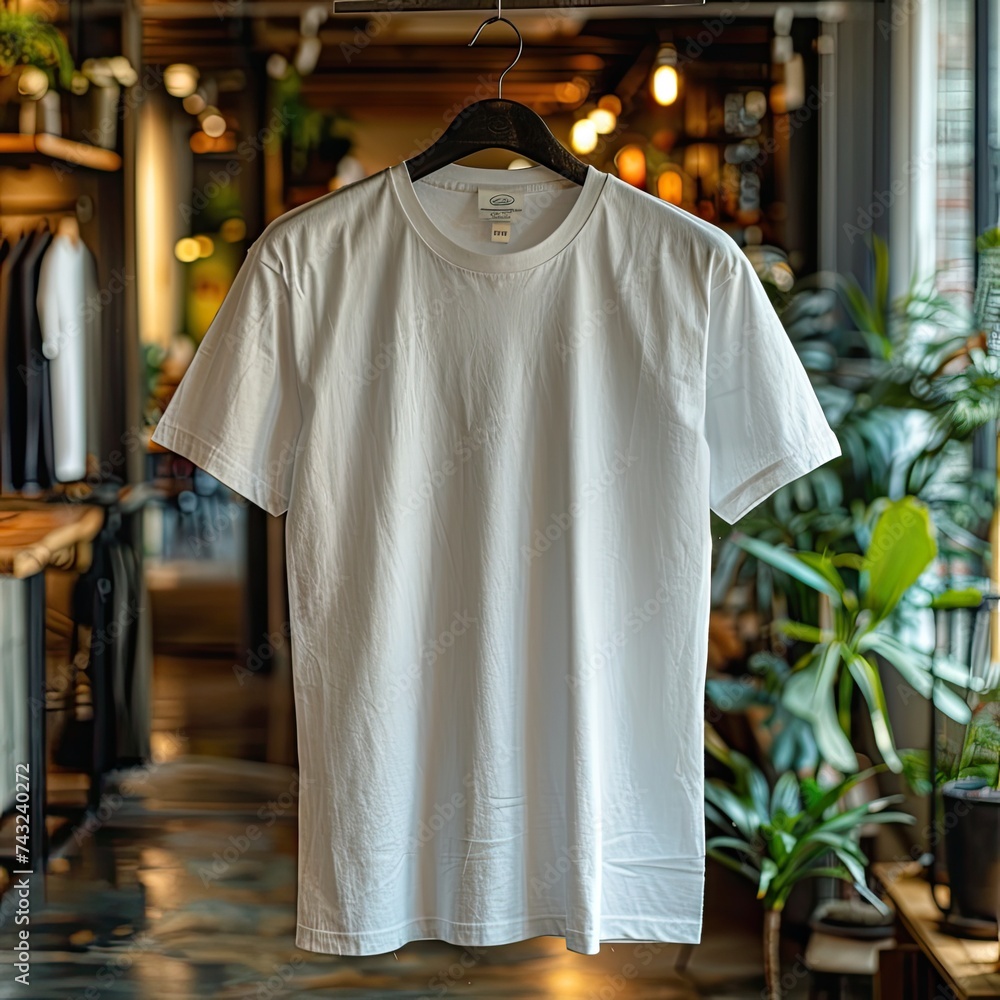 A clean, white t-shirt , displayed on a hanger in a modern clothing store interior A clean, white t-shirt , displayed on a hanger in a modern clothing store interior