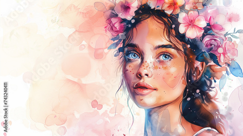 Girl With Flowers in Hair Painting. Celebrating Womanhood: A Spring Portrait for International Womens Day. Copy space. Illustration for March 8.