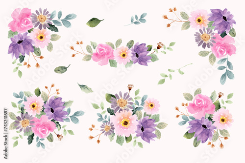 purple pink watercolor floral bouquet collection