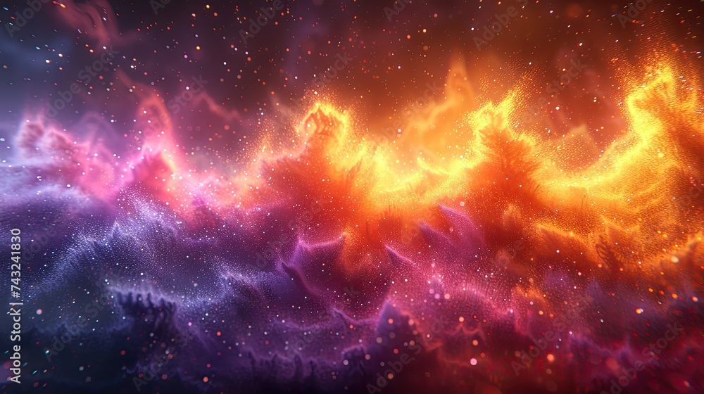 Fototapeta premium a detailed 3d render of a vivid pigment explosion on colorful background, infinite fractal disappearing into infinity into a bright yellow and purple and orange horizon, Heavy Theme in the style of Sa