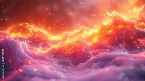 a detailed 3d render of a vivid pigment explosion on colorful background, infinite fractal disappearing into infinity into a bright yellow and purple and orange horizon, Heavy Theme in the style of Sa photo