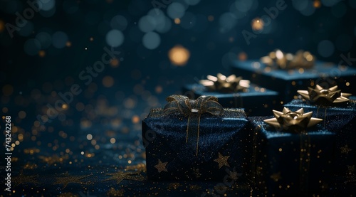 Elegant Blue Christmas Gifts with Golden Ribbons and Sparkling Background