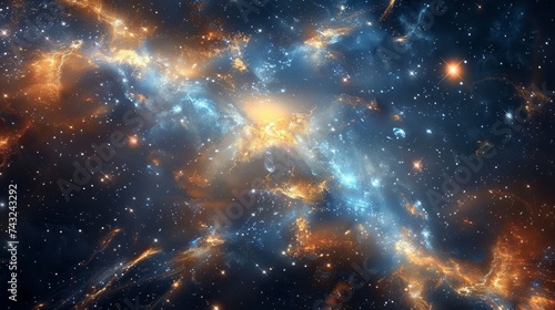 A stunning depiction of a stellar nebula, showcasing the brilliant illumination and complex textures of interstellar clouds.