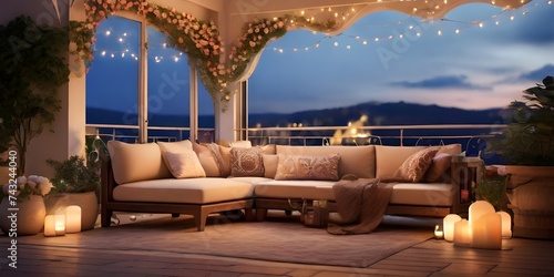 A empty cozy outdoor rooftop terrace with garlands and glowing lamps. A plush sofa and elegant coffee table desk for relaxation. outdoor living room pergola patio decorated with string lights © MadeByAnas