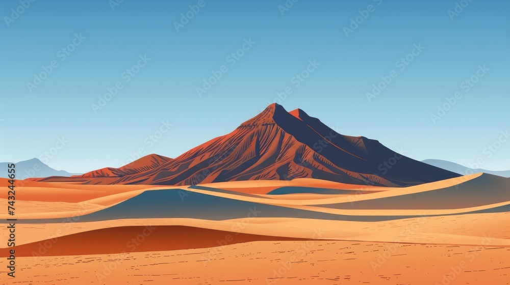 Digital illustration of a serene desert landscape with undulating sand dunes leading to striking mountain ridges against a clear sky. Digital illustration of a serene desert landscape with undulating sand dunes leading to striking mountain ridges against a clear sky.