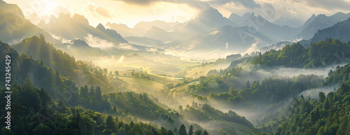 Sunrise Over Misty Mountain Valley with Lush Forests