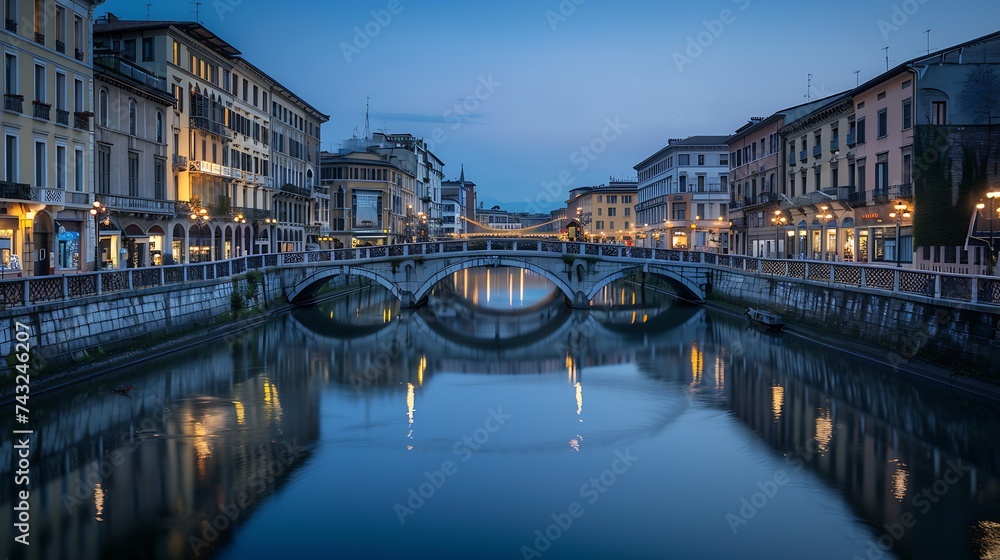 Obraz premium Bridge across the Naviglio Grande canal at the evening in Milan Italy : Generative AI
