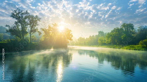 Beautiful natural rural morning landscape with a river and sunbeams making their way through green of trees against backdrop of blue sky with clouds : Generative AI