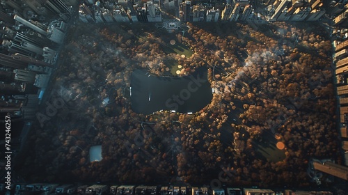 Aerial view above the central park at Manhattan New York USA : Generative AI