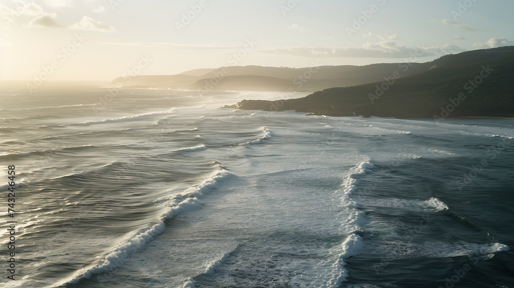 Aerial view of waves rolling on the shoreline Albany Western Australia Australia : Generative AI Aerial view of waves rolling on the shoreline Albany Western Australia Australia : Generative AI