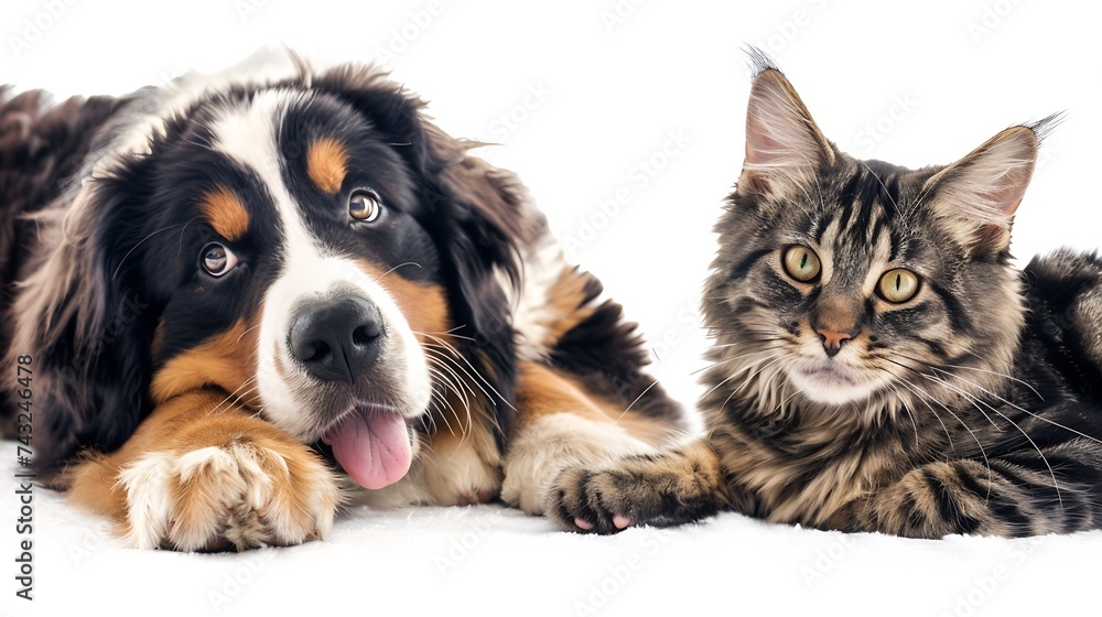 Happy pets Adorable Bernese Mountain Dog puppy and gray tabby cat on white background Banner design : Generative AI Happy pets Adorable Bernese Mountain Dog puppy and gray tabby cat on white background Banner design : Generative AI