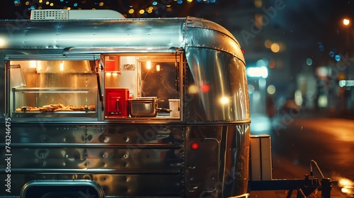 retro trailer of street food in night city : Generative AI photo