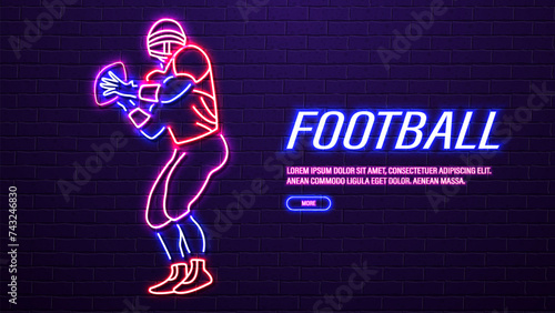 Neon silhouette of an American football player in the colors blue, pink, red and yellow against a brick wall background. A concept for sports betting.