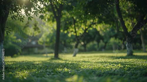 Green trees in public park with green grass field : Generative AI