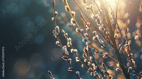 Flowering willow branches glow in sunlight outdoors in spring on dark background closeup macro Atmospheric artistic image with beautiful bokeh : Generative AI